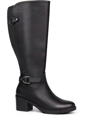 Women's Black Wide Calf Knee High Riding Boot Double Buckle Block Heel Round Toe